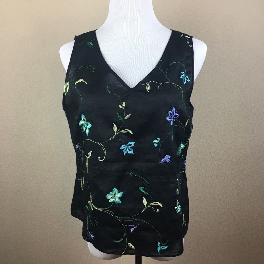 Allison Taylor Black Embroidered Floral 100% Linen Sleeveless Tank Top Sz L EUC